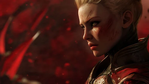 Battle-scarred warrior portrait against crimson storm.