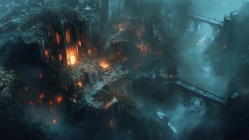 Burning gothic citadel dominates misted ravine battlefield