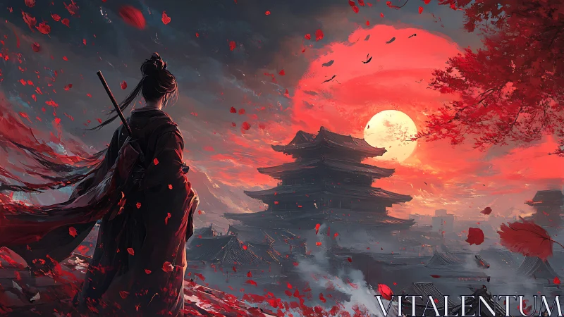 Samurai overlooks ancient temple at red sunlit dusk.