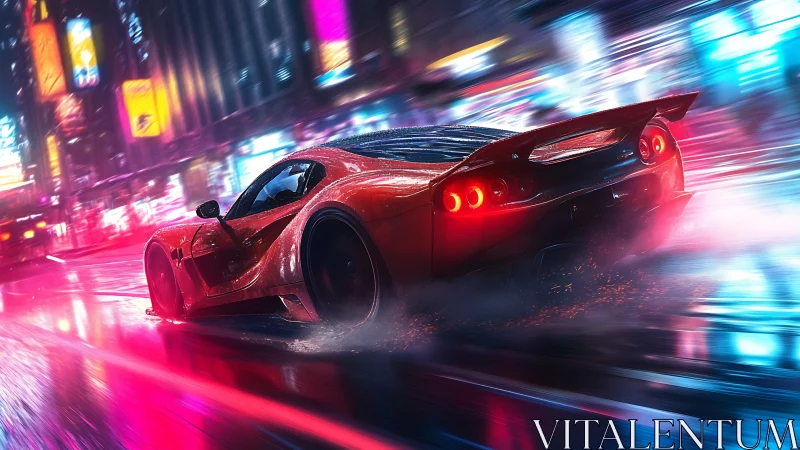 Red sports car drifts through neon soaked futuristic city street