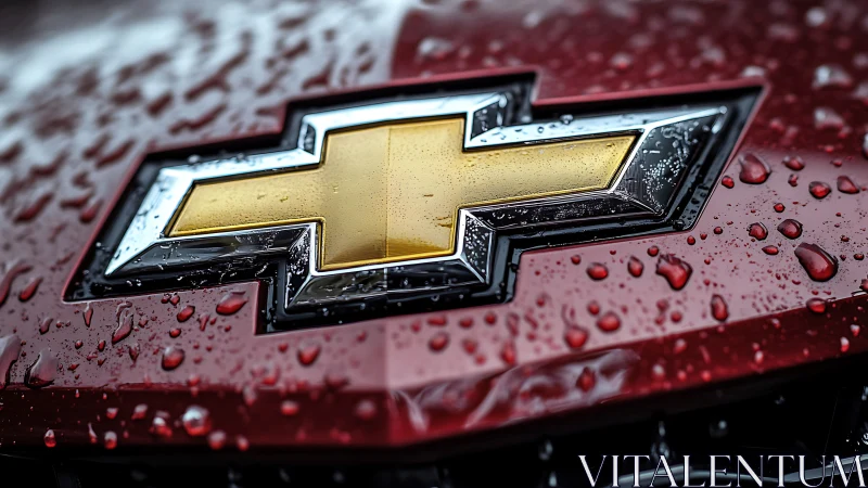 Chevrolet bowtie emblem on wet red vehicle hood.
