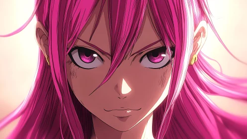 Pink haired anime warrior holds unwavering direct gaze