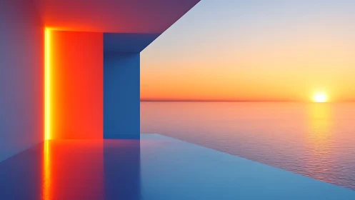 Minimalist ocean room glows against vivid sunset horizon