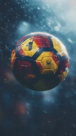 Soaked football spins through rain under dramatic stadium light