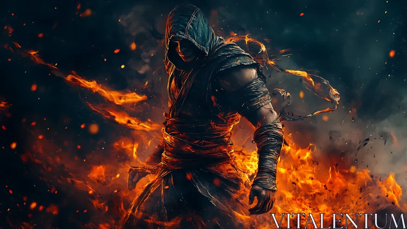 Hooded fire warrior strides through swirling embers and ash.