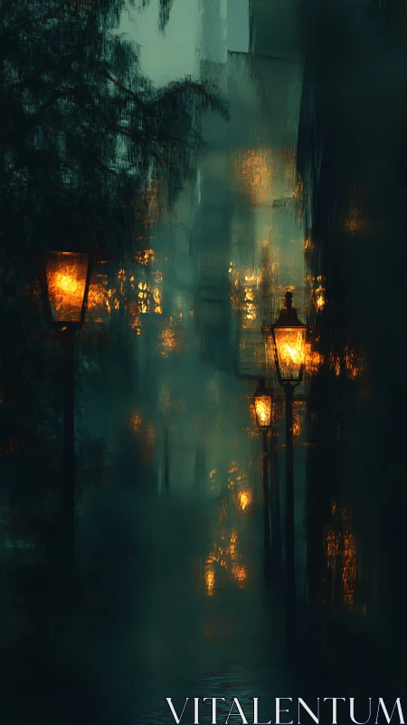 Nocturnal rain alley with diffused gas lamp bokeh glow.