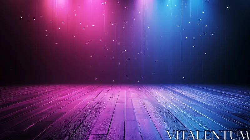 Neon-lit wooden stage under pink and blue spotlights.