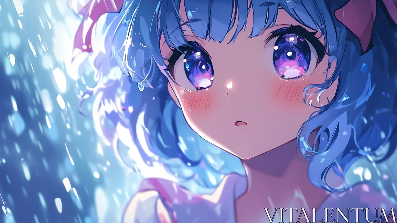 Anime girl gazes into glowing rain with quiet wonder