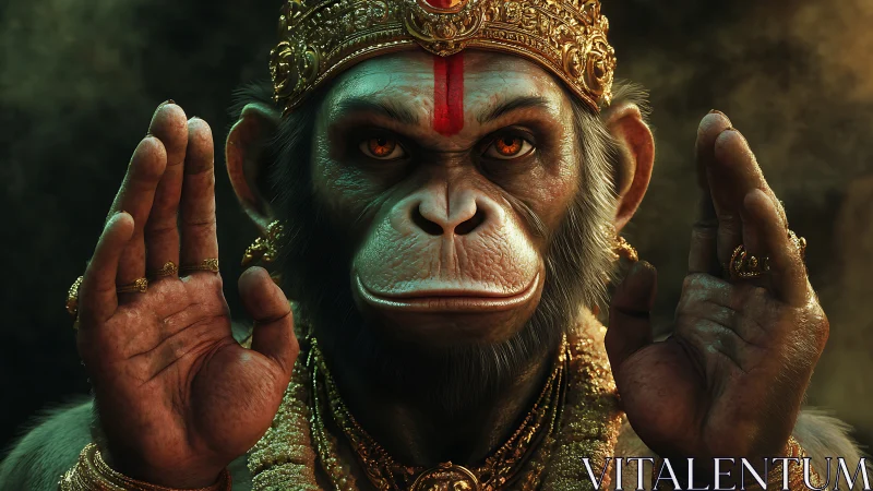 Regal monkey guardian shimmering with calm golden grace.