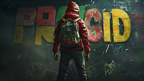 Hooded urban explorer surveying distressed graffiti typography.