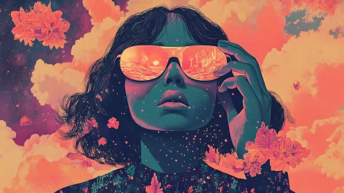 Neon-tinted female portrait integrates mirrored visor and cosmic particles