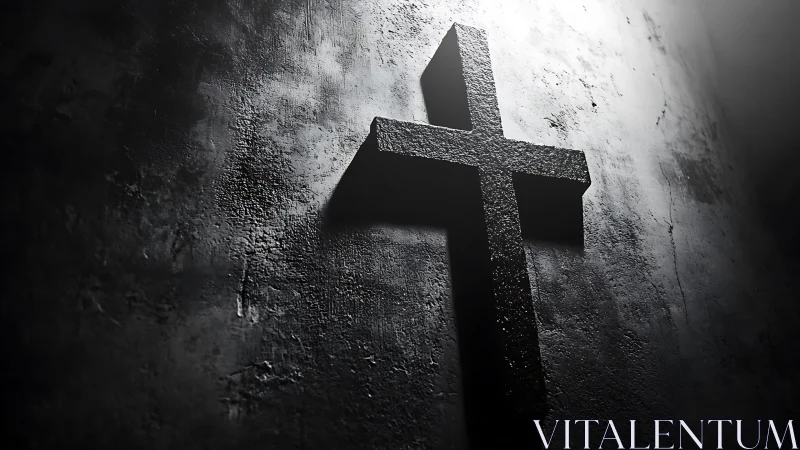 Textured black cross sculpture under dramatic side light.