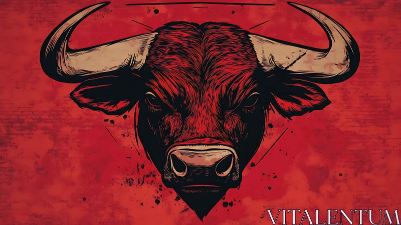 Graphic bull portrait in high-contrast red ink illustration.