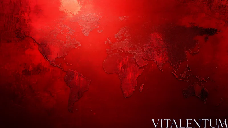 World map silhouette on textured monochrome red field.