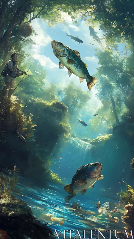 Majestic freshwater fish drift through a sunlit forest river.