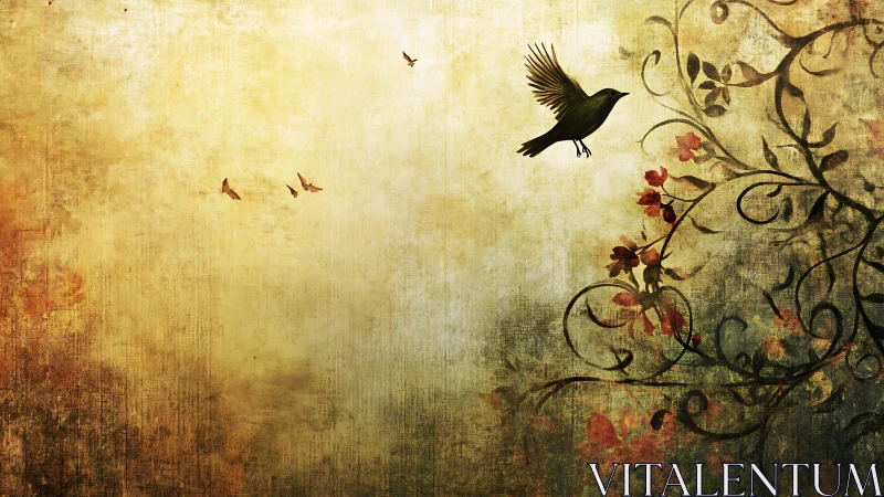 Silhouetted bird near floral vines on textured gradient field.