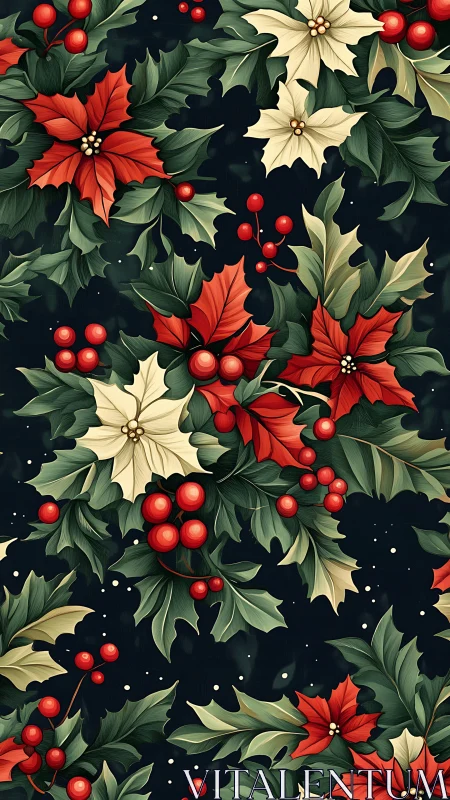 Festive poinsettia and holly bouquet pattern on midnight field.