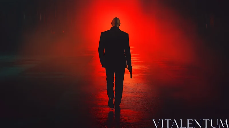 Bald suited figure walks toward intense red backlight