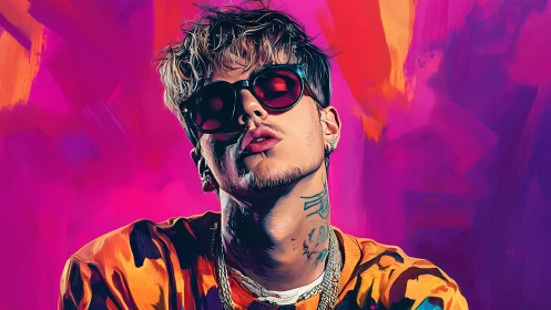 Digital portrait of man with sunglasses on vivid background.