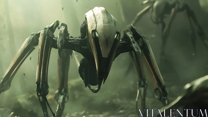 Quadruped robotic unit advances through misted forest terrain