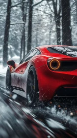 Crimson supercar slicing through a snowy forest road.