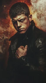 Storm-lit rebel in a leather jacket holding fierce resolve.
