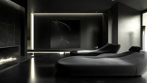 Minimalist dark lounge interior with curved chaise seating.