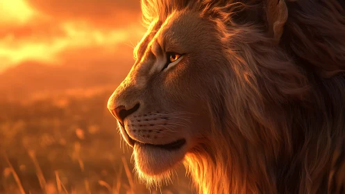 Golden-maned lion gazes over savanna at glowing sunset.