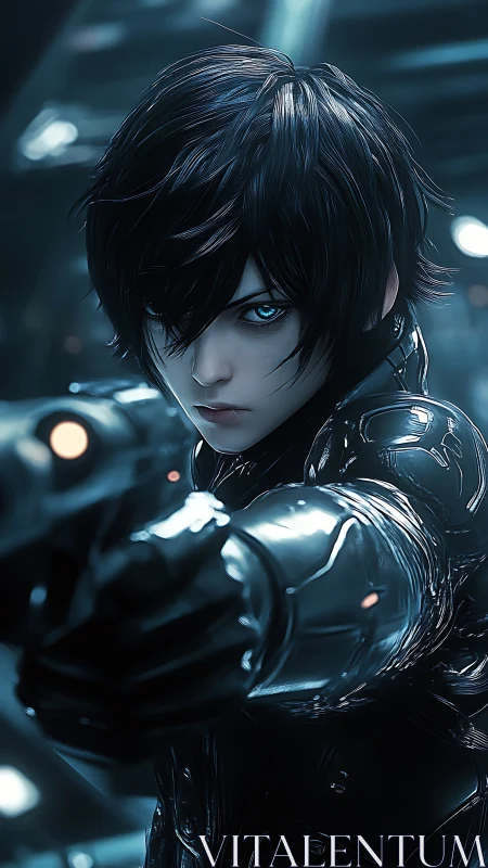 Futuristic armored figure points weapon in controlled stance