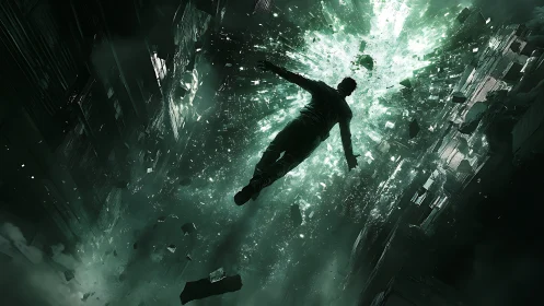 Man drifting through a glowing green cosmic cityscape.