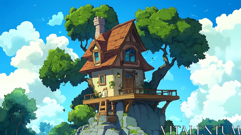 Cliffside cottage with stylized trees under vibrant blue sky.