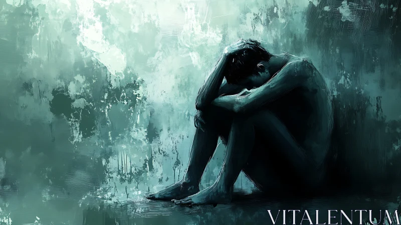 Solitary figure curls inward amid cold abstract shadows