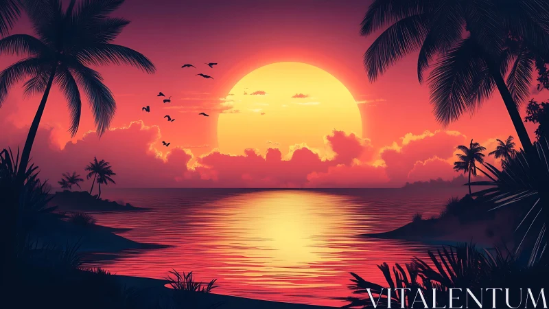 Glowing tropical sunset invites calm dreams by the shore