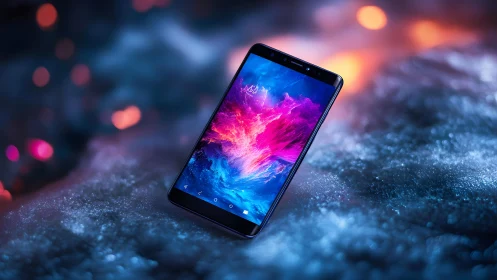Modern smartphone with vivid display in vibrant neon lighting.