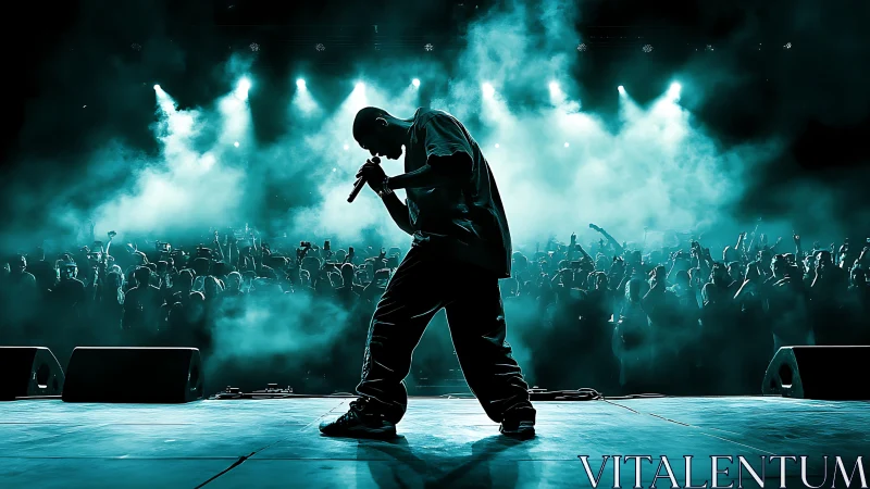Midnight rap concert energy wrapped in teal stage smoke.