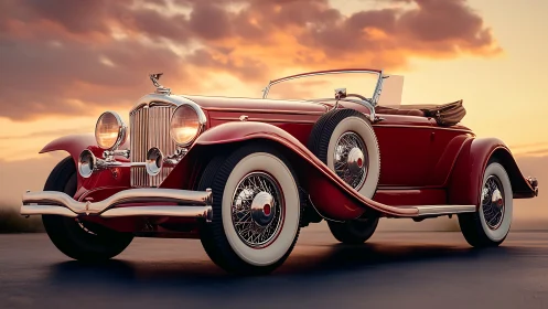 Sunset drive with a lovingly restored vintage red roadster.