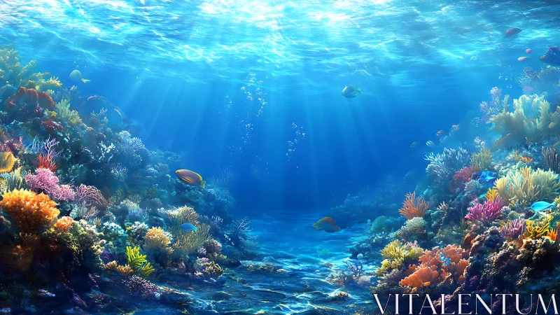 Underwater coral reef scene with fish and filtered sunlight.