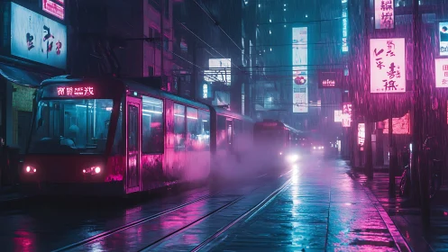 Neon street trams glide through rain in cyberpunk nightscape.