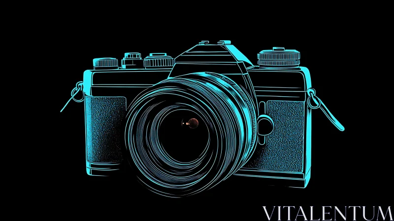 Neon outline camera hums with retro-futurist photo magic.