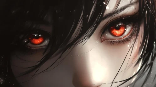 Enigmatic red eyes glowing softly through inky dark hair.