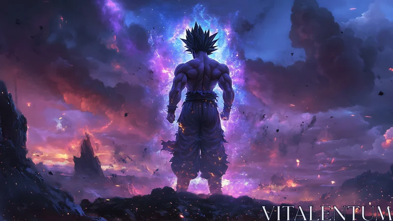 Powerful warrior silhouette in cosmic storm landscape.