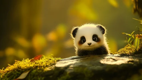 Tiny panda cub resting on mossy rock in golden forest light.