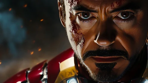 Close frontal view of armored male face with surface damage