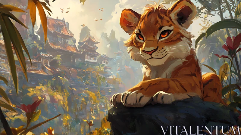 Leonine Sentinel in Architectural Landscape: Digital Rendering.