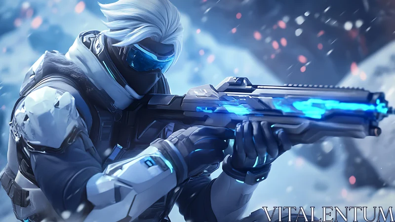 Cybernetic sniper in arctic exosuit with luminous plasma rifle