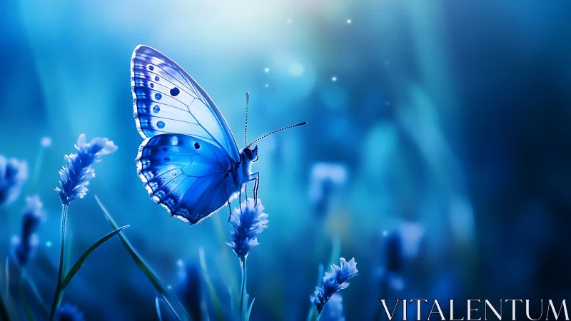 Gentle blue butterfly rests in a dreamy twilight meadow