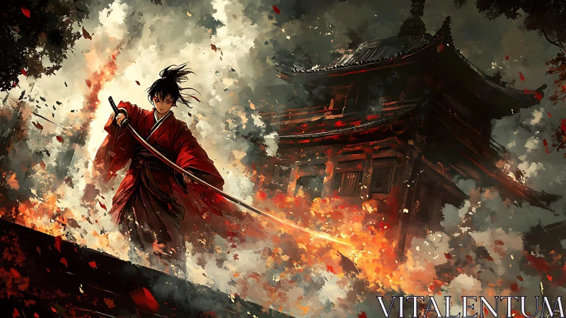 Samurai warrior strides through blazing temple inferno.