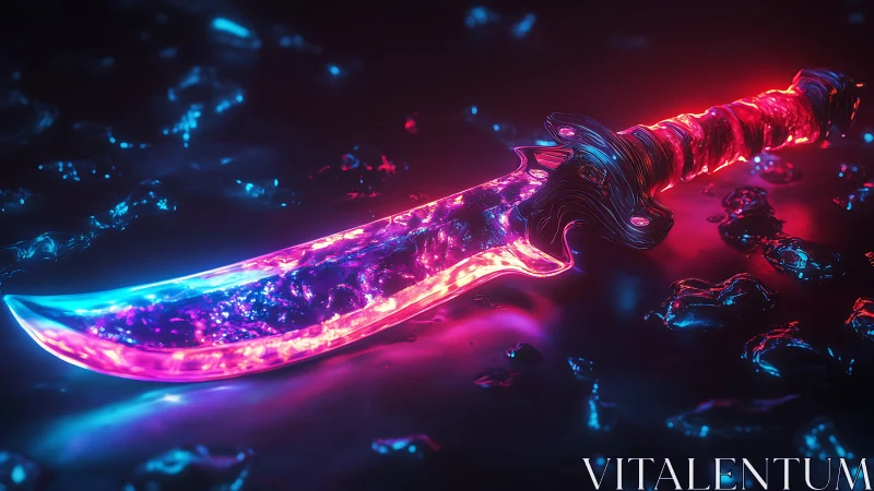 Neon energy sword on wet reflective surface at night.