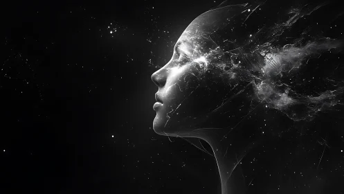 Cosmic digital portrait of dissolving human profile in space.