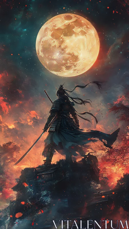 Lone samurai silhouette under colossal blood moon sky.